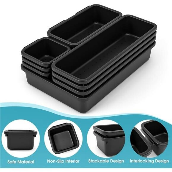 10 Piece Black Drawer Organizer Set for Makeup Office Bathroom Vanity Storage - Picture 3 of 8